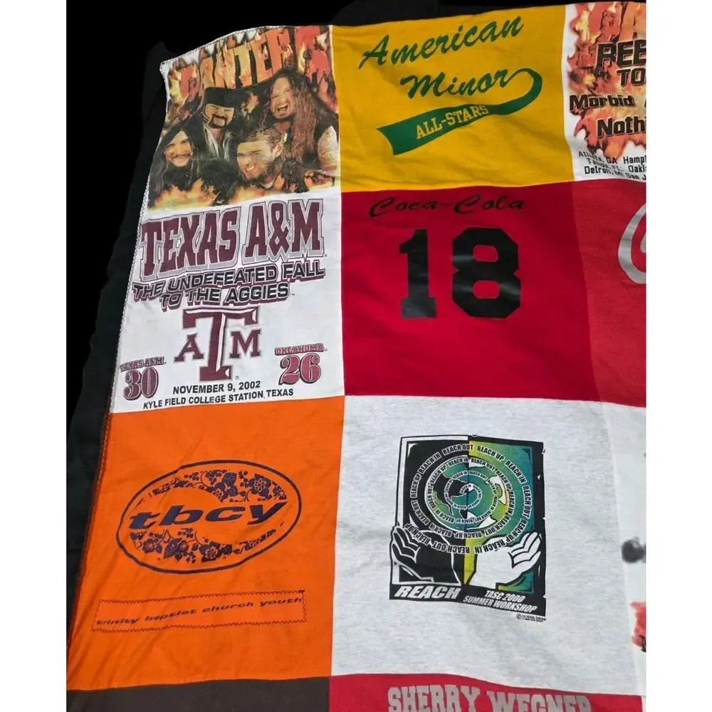 Upcycled Throw Blanket Vtg T-Shirts Handmade 62x53 Pantera Bush ZZ Top TX A&M
